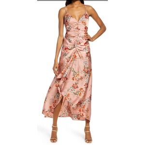 Floret Studios Pink Floral Satin Ruched High Low Maxi Dress Womens Size Medium